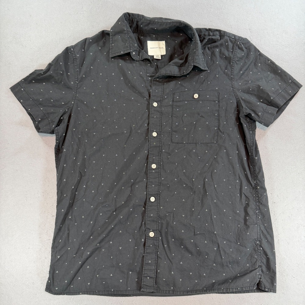 American Eagle Mens Black Triangle Print Short Sleeve Button Down Shirt Medium